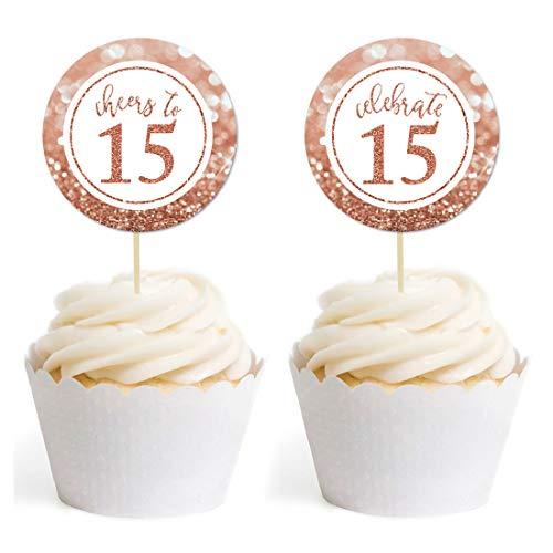 Glitzy Faux Rose Gold Glitter Round DIY Cupcake Toppers Cheers to 15 Years-Set of 20-Andaz Press-