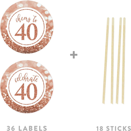 Glitzy Faux Rose Gold Glitter Round DIY Cupcake Toppers Cheers to 40 Years-Set of 20-Andaz Press-