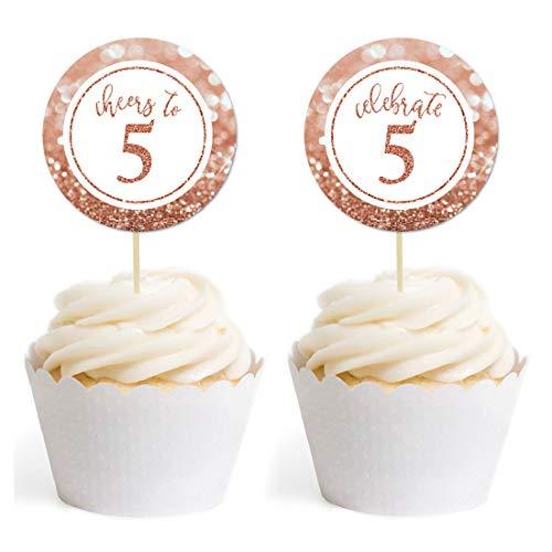 Glitzy Faux Rose Gold Glitter Round DIY Cupcake Toppers Cheers to 5 Years-Set of 20-Andaz Press-