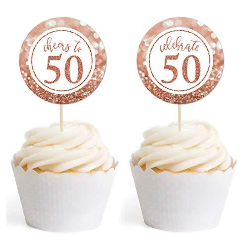Glitzy Faux Rose Gold Glitter Round DIY Cupcake Toppers Cheers to 50 Years-Set of 20-Andaz Press-