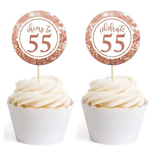 Glitzy Faux Rose Gold Glitter Round DIY Cupcake Toppers Cheers to 55 Years-Set of 20-Andaz Press-