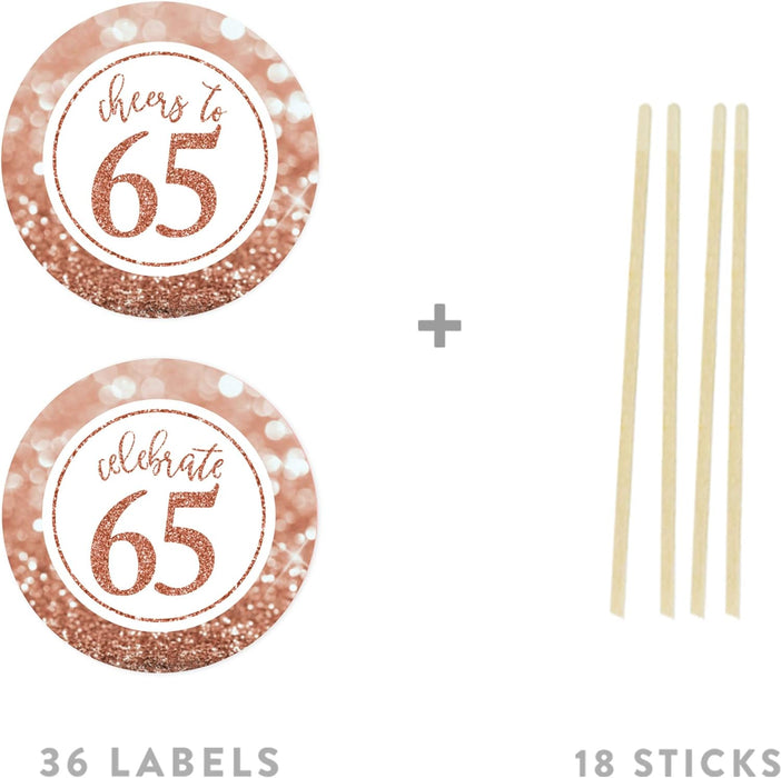 Glitzy Faux Rose Gold Glitter Round DIY Cupcake Toppers Cheers to 65 Years-Set of 20-Andaz Press-