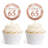 Glitzy Faux Rose Gold Glitter Round DIY Cupcake Toppers Cheers to 65 Years-Set of 20-Andaz Press-