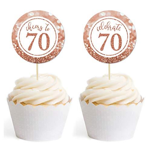 Glitzy Faux Rose Gold Glitter Round DIY Cupcake Toppers Cheers to 70 Years-Set of 20-Andaz Press-