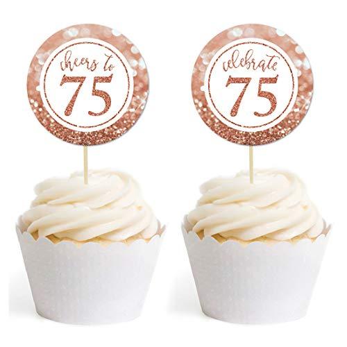 Glitzy Faux Rose Gold Glitter Round DIY Cupcake Toppers Cheers to 75 Years-Set of 20-Andaz Press-