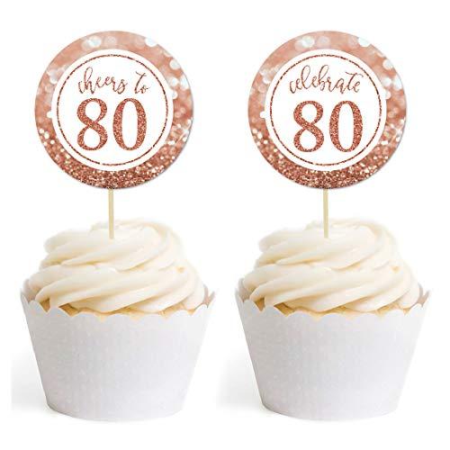 Glitzy Faux Rose Gold Glitter Round DIY Cupcake Toppers Cheers to 80 Years-Set of 20-Andaz Press-