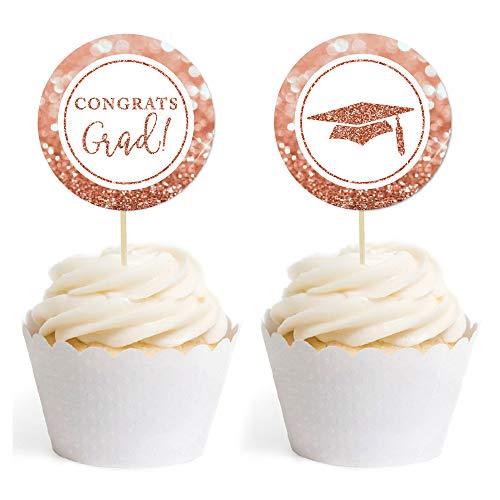 Glitzy Faux Rose Gold Glitter Round DIY Cupcake Toppers Congrats Grad!-Set of 20-Andaz Press-