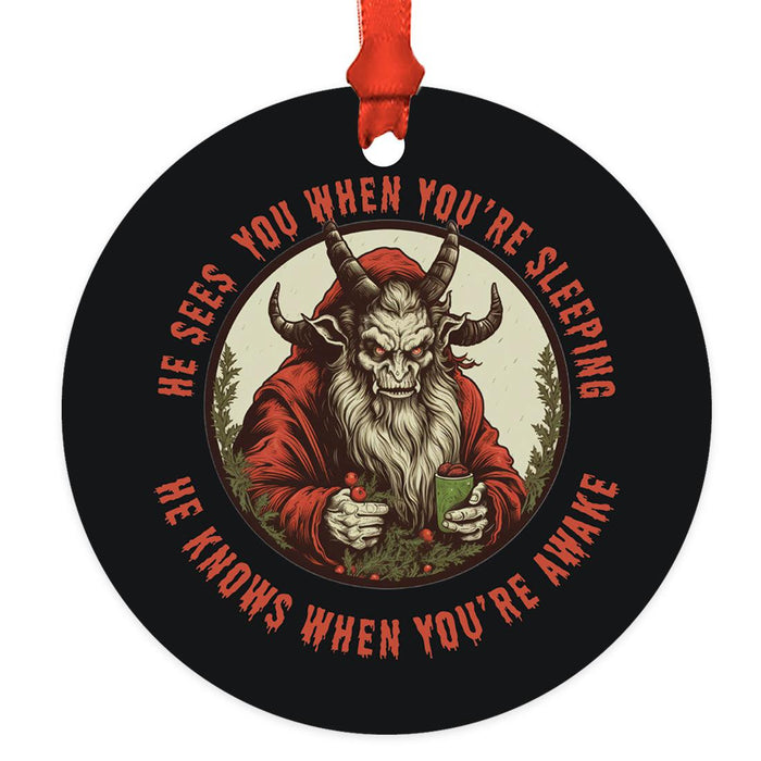 Gothic Christmas Ornaments, Metal Horror Christmas Ornaments for Unique Holiday Decor-Set of 1-Andaz Press-Krampus He Sees You When You Are Sleeping-