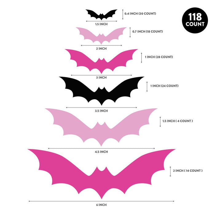 Halloween Bat Stickers, Waterproof Vinyl Decor for Walls & DIY, Set of 180-set of 180-Andaz Press-Black, Pink, Light Pink Bats-