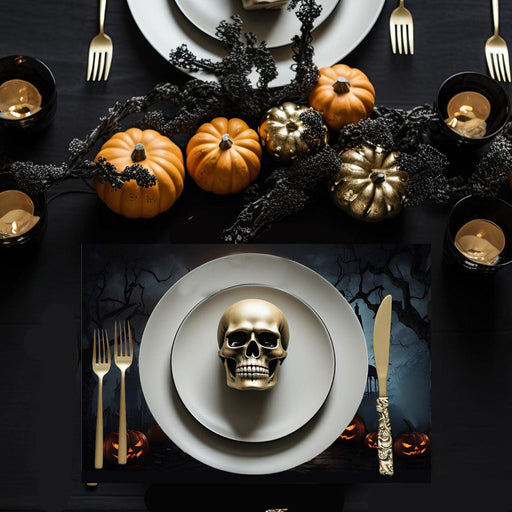 Halloween Disposable Cardstock Paper Placemats for Dining and Decor, Set of 8-Set of 8-Andaz Press-Moonlit Haunted Manor-