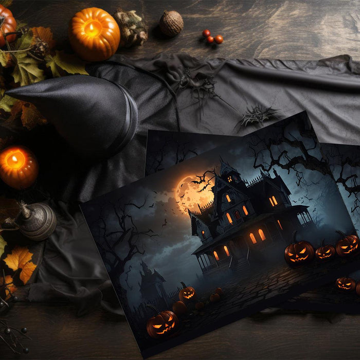 Halloween Disposable Cardstock Paper Placemats for Dining and Decor, Set of 8-Set of 8-Andaz Press-Moonlit Haunted Manor-