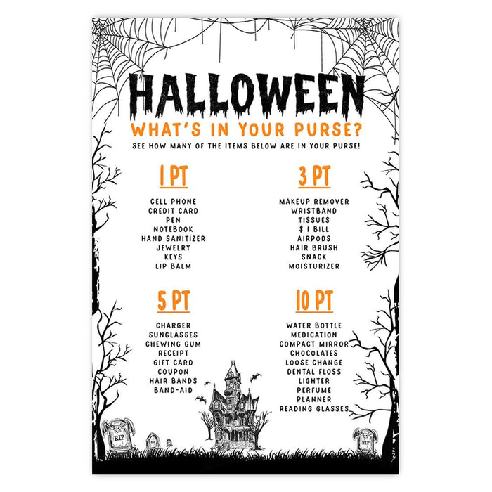 Halloween Party Game Cards for Fun Activities, Set of 24-Set of 24-Andaz Press-Illuminated Haunted House What's in Your Purse-