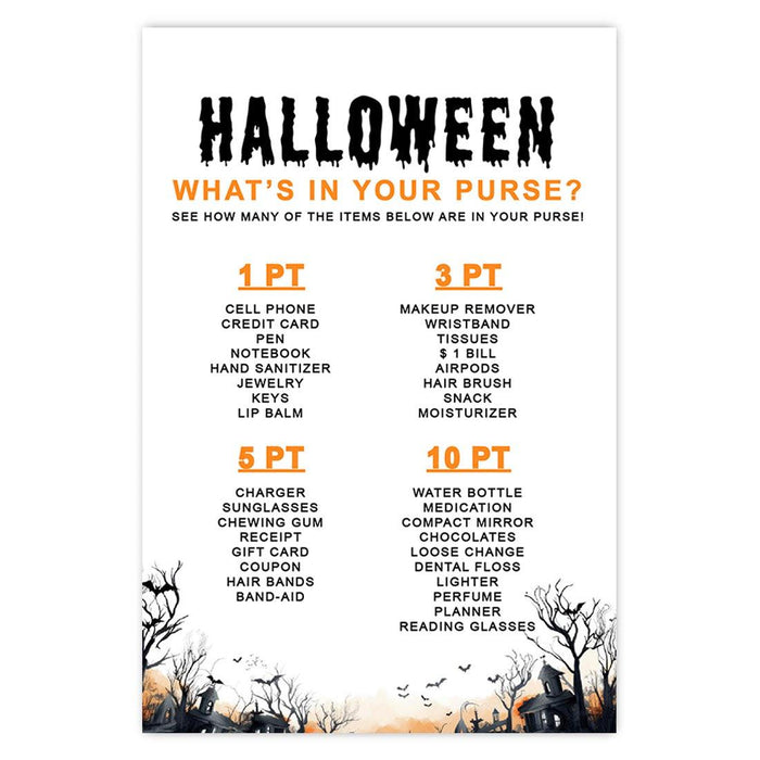 Halloween Party Game Cards for Fun Activities, Set of 24-Set of 24-Andaz Press-Illuminated Haunted House What's in Your Purse-