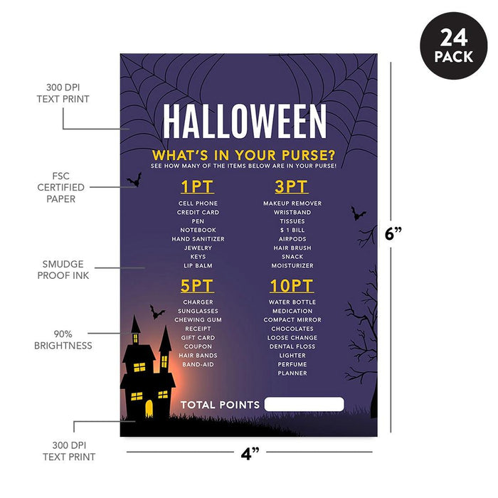 Halloween Party Game Cards for Fun Activities, Set of 24-Set of 24-Andaz Press-Illuminated Haunted House What's in Your Purse-