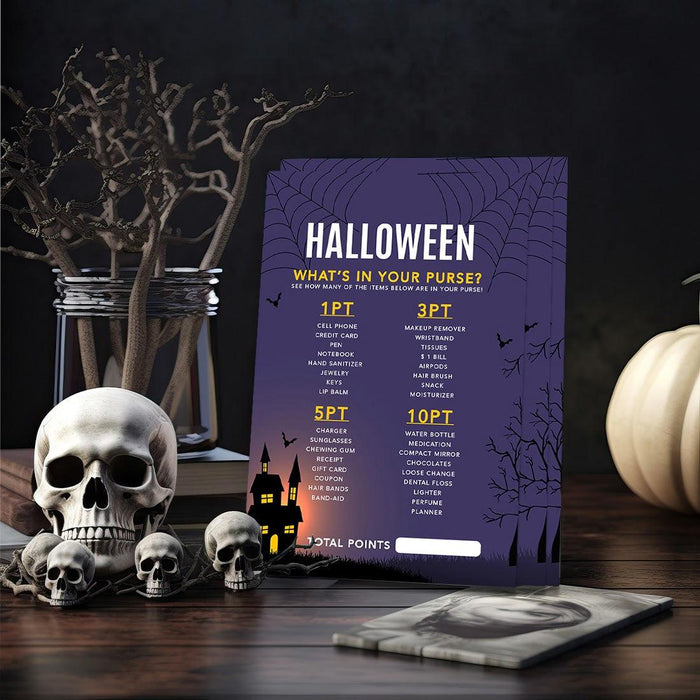 Halloween Party Game Cards for Fun Activities, Set of 24-Set of 24-Andaz Press-Illuminated Haunted House What's in Your Purse-