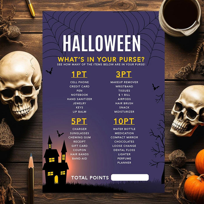 Halloween Party Game Cards for Fun Activities, Set of 24-Set of 24-Andaz Press-Illuminated Haunted House What's in Your Purse-
