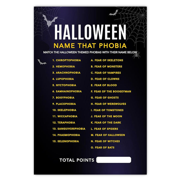 Halloween Party Game Cards for Fun Activities, Set of 24-Set of 24-Andaz Press-Bats & Spiders Name That Phobia-
