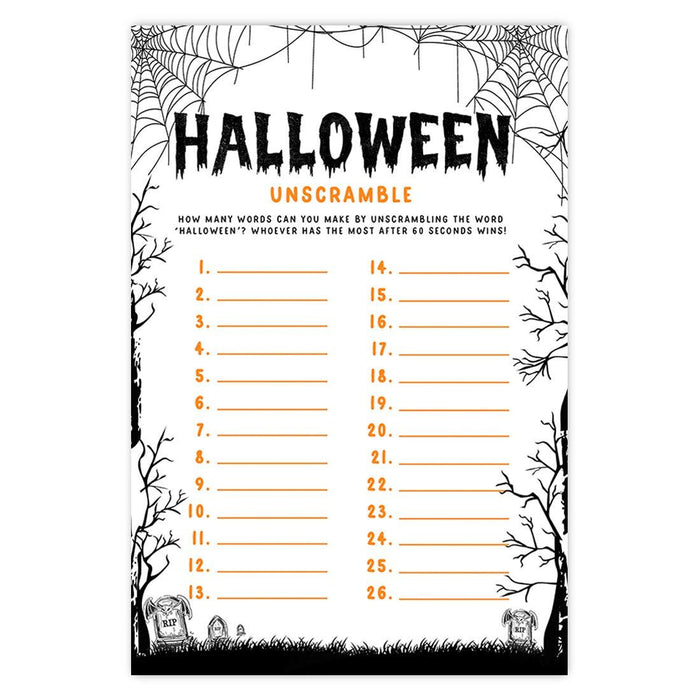 Halloween Party Game Cards for Fun Activities, Set of 24-Set of 24-Andaz Press-Graveyard Gloom How Many Words Can You Make-