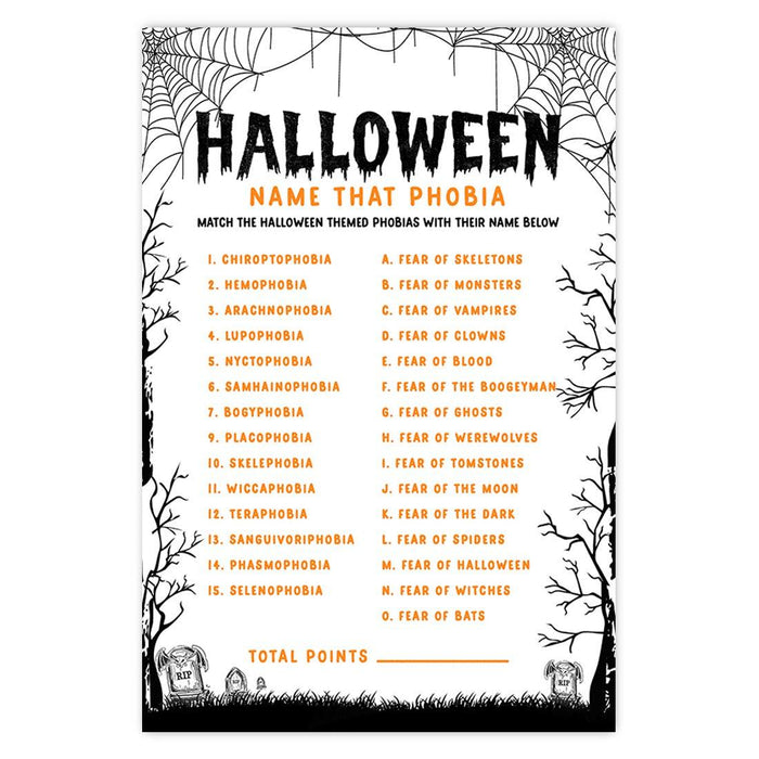 Halloween Party Game Cards for Fun Activities, Set of 24-Set of 24-Andaz Press-Graveyard Gloom Name That Phobia-