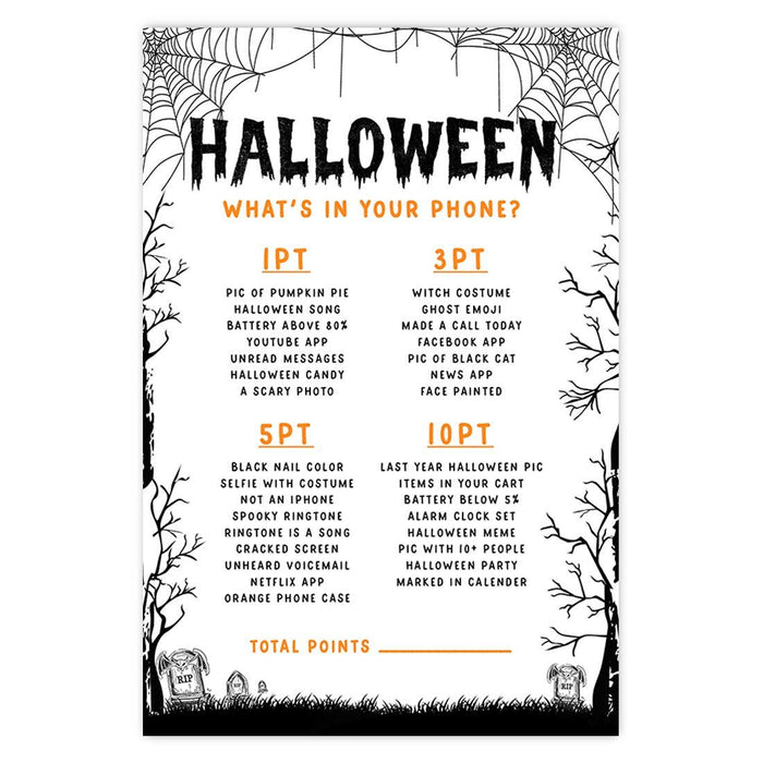 Halloween Party Game Cards for Fun Activities, Set of 24-Set of 24-Andaz Press-Graveyard Gloom What's In Your Phone-