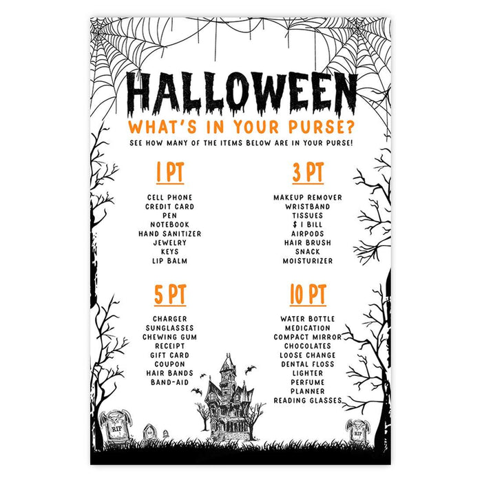 Halloween Party Game Cards for Fun Activities, Set of 24-Set of 24-Andaz Press-Graveyard Gloom What's in Your Purse-