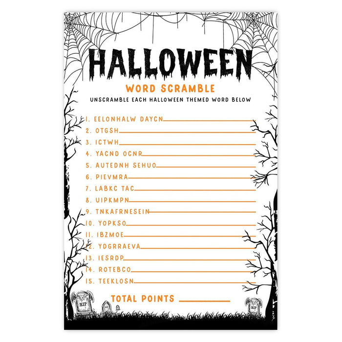 Halloween Party Game Cards for Fun Activities, Set of 24-Set of 24-Andaz Press-Graveyard Gloom Word Scramble-
