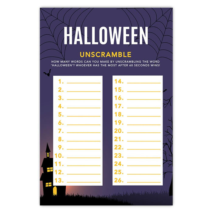 Halloween Party Game Cards for Fun Activities, Set of 24-Set of 24-Andaz Press-Illuminated Haunted House How Many Words Can You Make-