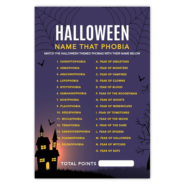 Halloween Party Game Cards for Fun Activities, Set of 24-Set of 24-Andaz Press-Illuminated Haunted House Name That Phobia-