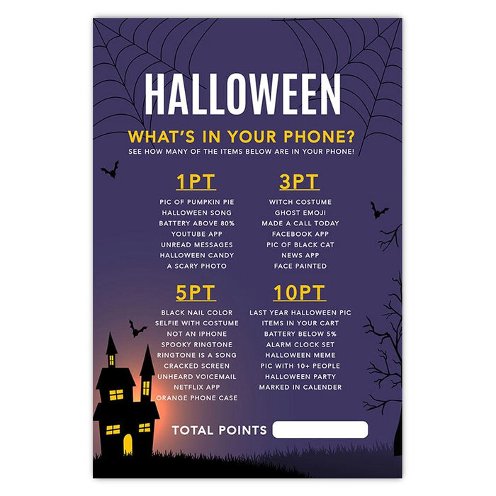 Halloween Party Game Cards for Fun Activities, Set of 24-Set of 24-Andaz Press-Illuminated Haunted House What's In Your Phone-