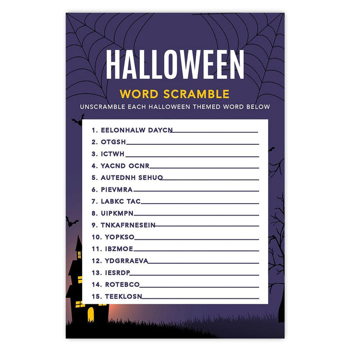 Halloween Party Game Cards for Fun Activities, Set of 24-Set of 24-Andaz Press-Illuminated Haunted House Word Scramble-