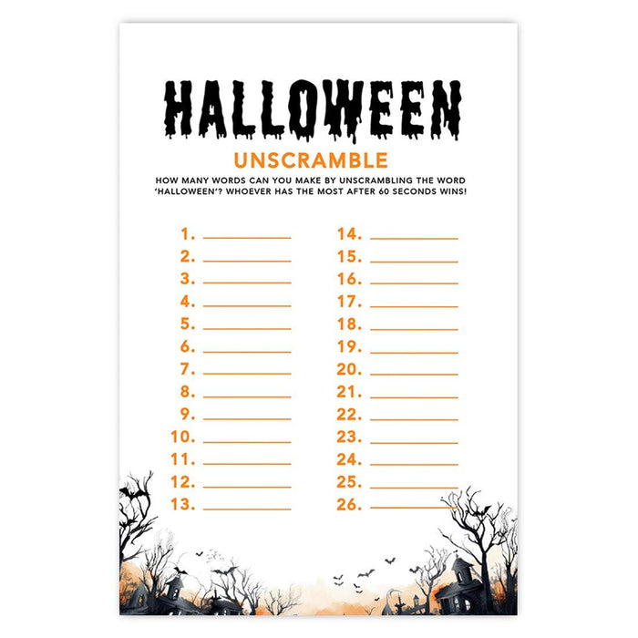 Halloween Party Game Cards for Fun Activities, Set of 24-Set of 24-Andaz Press-Spooky Haunted House How Many Words Can You Make-