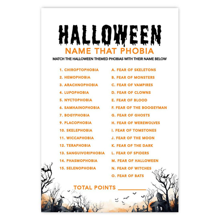 Halloween Party Game Cards for Fun Activities, Set of 24-Set of 24-Andaz Press-Spooky Haunted House Name That Phobia-