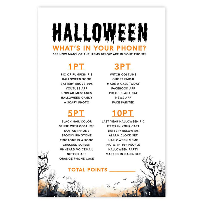 Halloween Party Game Cards for Fun Activities, Set of 24-Set of 24-Andaz Press-Spooky Haunted House What's In Your Phone-