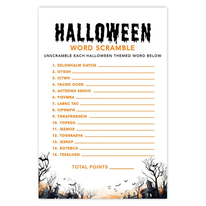 Halloween Party Game Cards for Fun Activities, Set of 24-Set of 24-Andaz Press-Spooky Haunted House Word Scramble-
