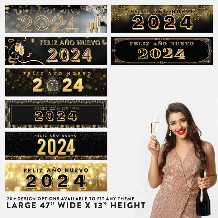 Happy New Year Banner 2024 in Spanish for Decor, 47" x 13", Set of 1-Set of 1-Andaz Press-Champage Glasses Design-