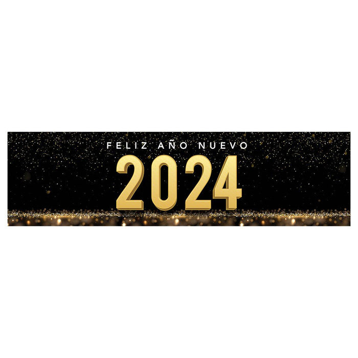 Happy New Year Banner 2024 in Spanish for Decor, 47" x 13", Set of 1-Set of 1-Andaz Press-Black & Gold Confetti Glitter Design-