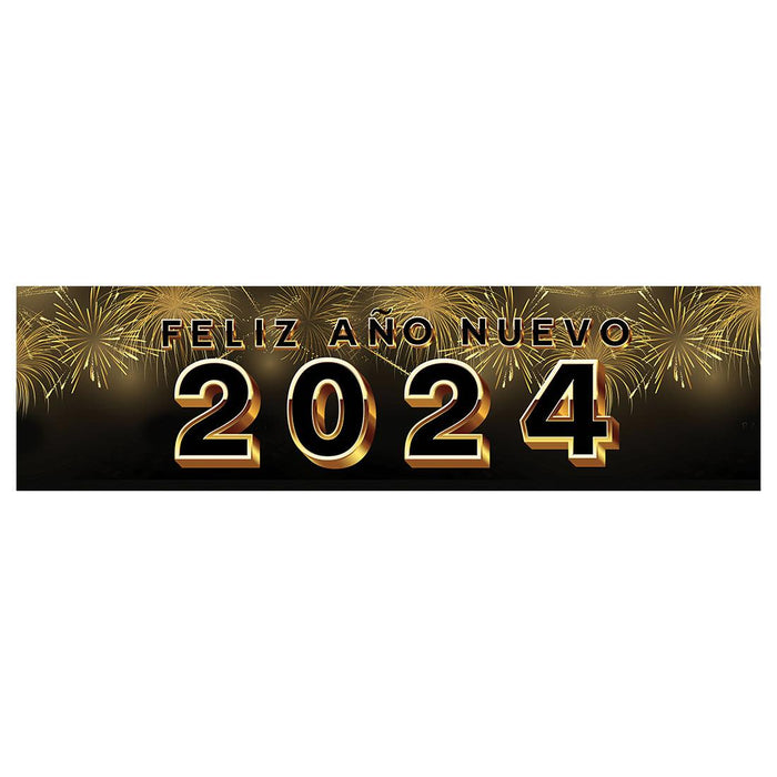 Happy New Year Banner 2024 in Spanish for Decor, 47" x 13", Set of 1-Set of 1-Andaz Press-Black & Gold Fireworks-