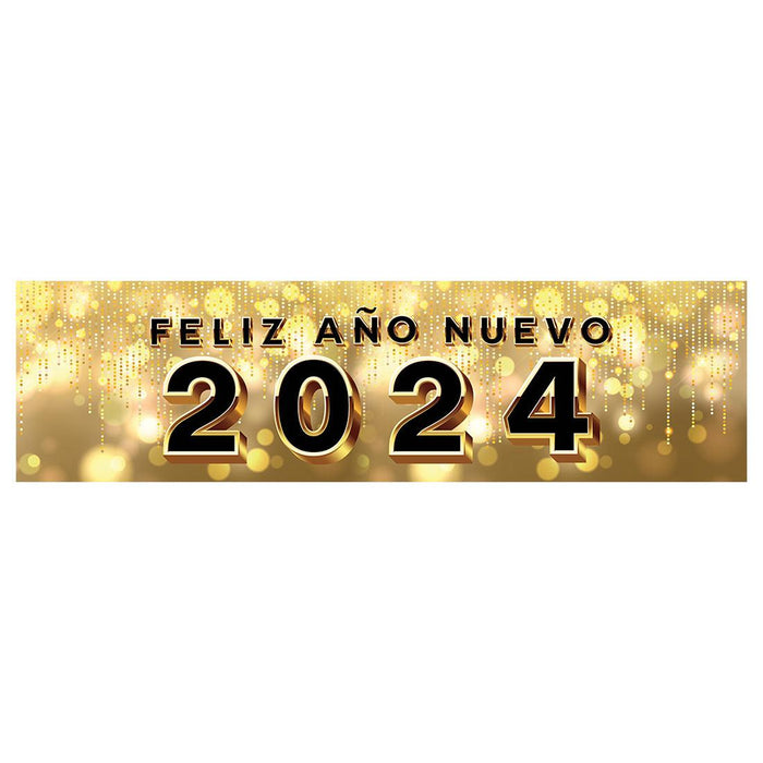 Happy New Year Banner 2024 in Spanish for Decor, 47" x 13", Set of 1-Set of 1-Andaz Press-Black & Gold Glam-