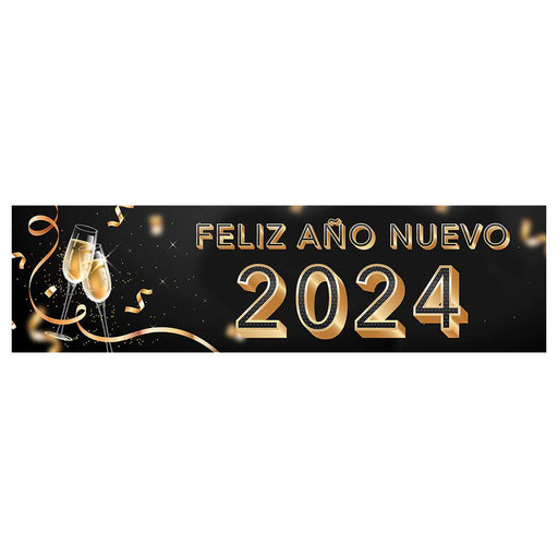 Happy New Year Banner 2024 in Spanish for Decor, 47" x 13", Set of 1-Set of 1-Andaz Press-Champage Glasses Design-