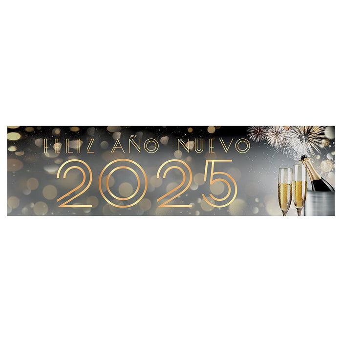 Happy New Year Banner 2025 in Spanish for Decor, 47" x 13", Set of 1-Set of 1-Andaz Press-Champage Glasses Design-