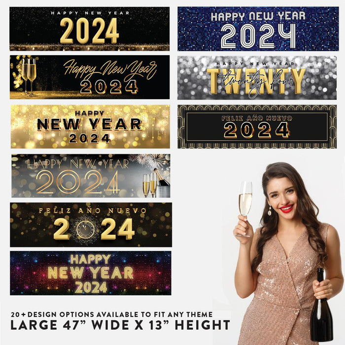 Happy New Year Banner Backdrop 2024 for Decor, 47" x 13", Set of 1-Set of 1-Andaz Press-Black & Gold Confetti Glitter-