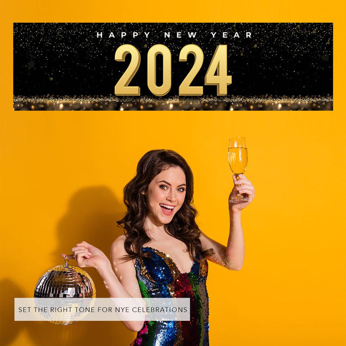 Happy New Year Banner Backdrop 2024 for Decor, 47" x 13", Set of 1-Set of 1-Andaz Press-Black & Gold Confetti Glitter-