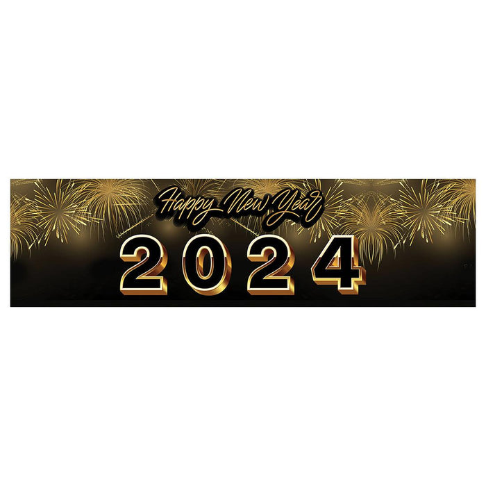 Happy New Year Banner Backdrop 2024 for Decor, 47" x 13", Set of 1-Set of 1-Andaz Press-Black & Gold Fireworks-