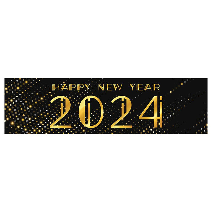 Happy New Year Banner Backdrop 2024 for Decor, 47" x 13", Set of 1-Set of 1-Andaz Press-Black Gold Silver Confetti-