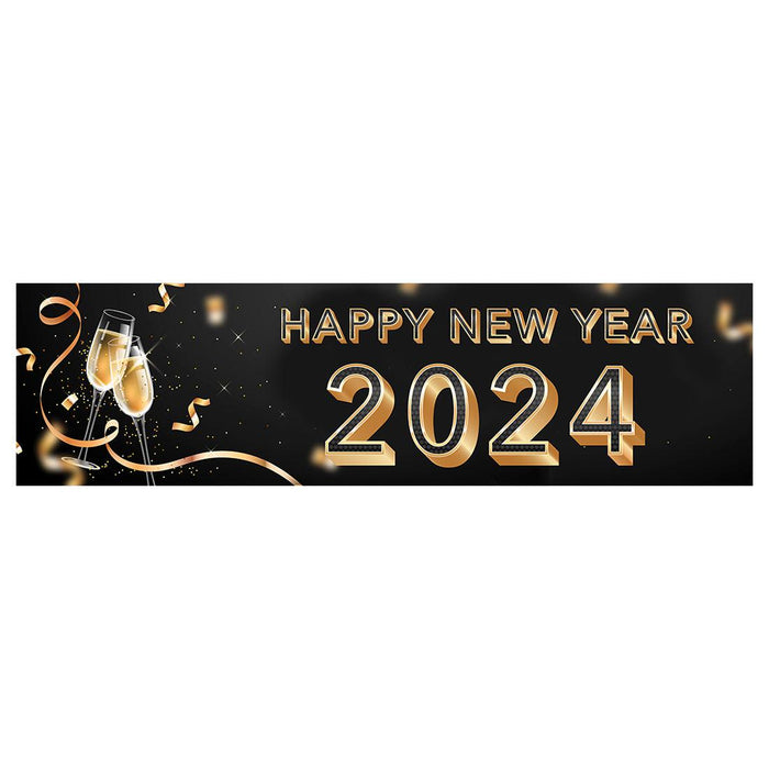Happy New Year Banner Backdrop 2024 for Decor, 47" x 13", Set of 1-Set of 1-Andaz Press-Champagne Glasses Design-