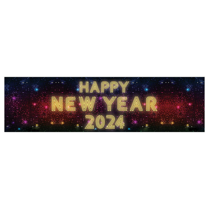 Happy New Year Banner Backdrop 2024 for Decor, 47" x 13", Set of 1-Set of 1-Andaz Press-Neon Lights-