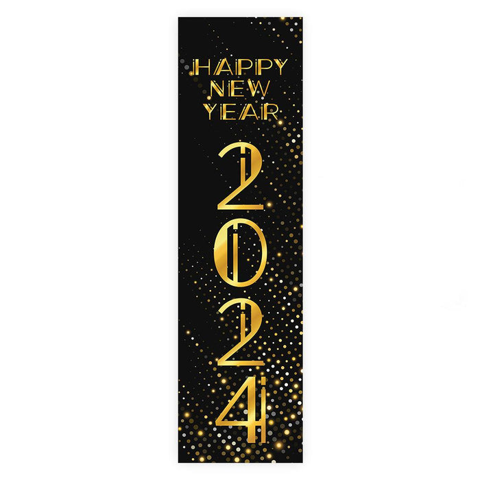 Happy New Year Banner Backdrop 2024 for Decor, 47" x 13", Set of 1-Set of 1-Andaz Press-Vertical Black Gold Silver Confetti-