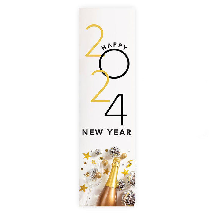 Happy New Year Banner Backdrop 2024 for Decor, 47" x 13", Set of 1-Set of 1-Andaz Press-Vertical Classic Disco Ball & Champagne-