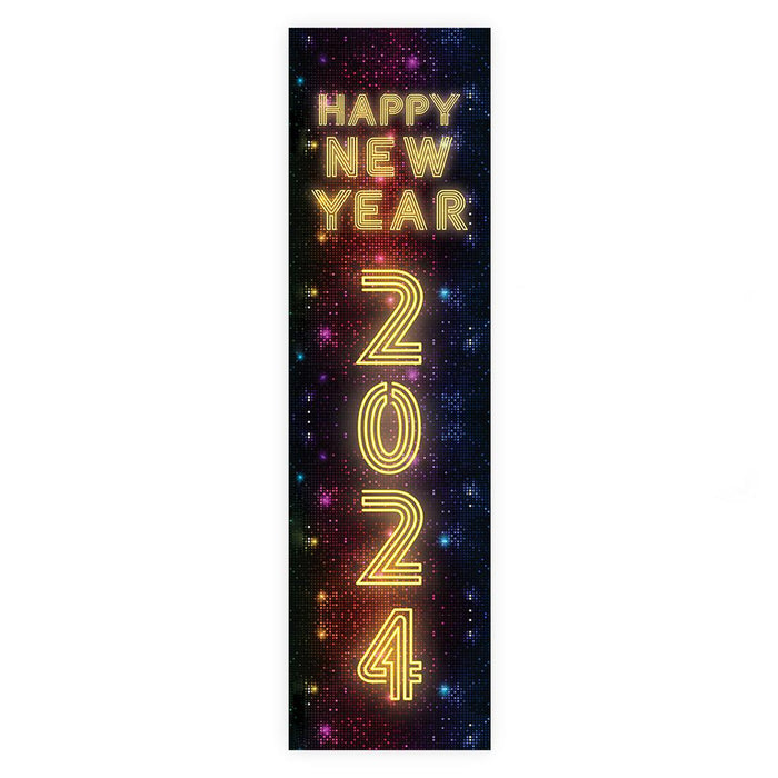 Happy New Year Banner Backdrop 2024 for Decor, 47" x 13", Set of 1-Set of 1-Andaz Press-Vertical Neon Lights-