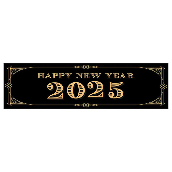 Happy New Year Banner Backdrop 2025 for Decor, 47" x 13", Set of 1-Set of 1-Andaz Press-Black & Gold Confetti Glitter-